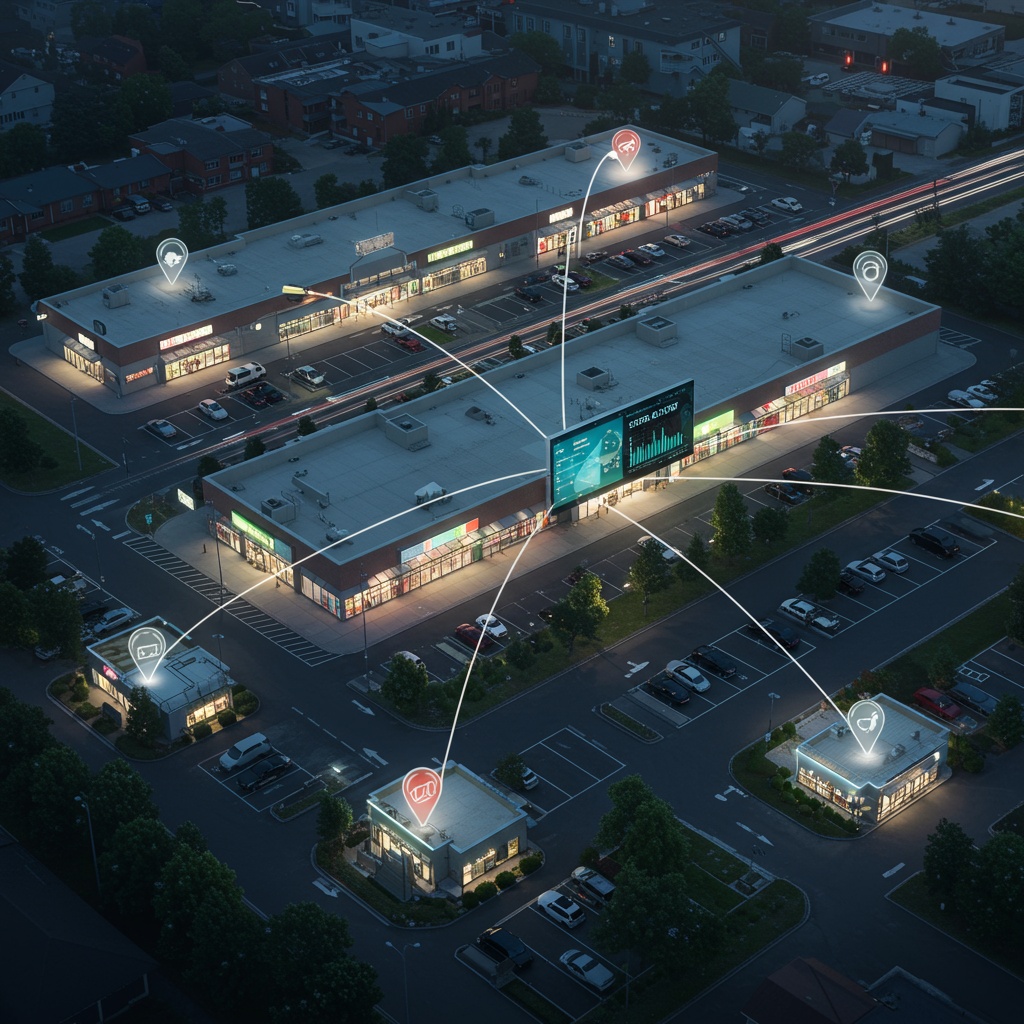 Connexion numérique entre plusieurs magasins d’un centre commercial vue du dessus.