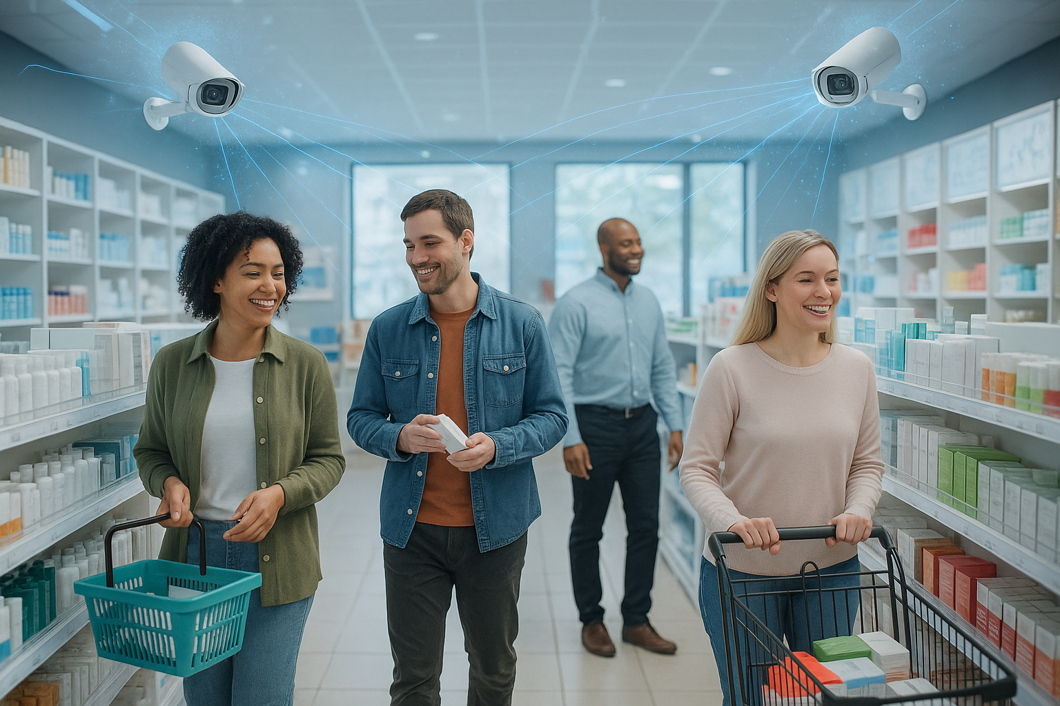 Clients souriants parcourant les rayons d’un magasin moderne, sous la surveillance discrète de caméras de sécurité.