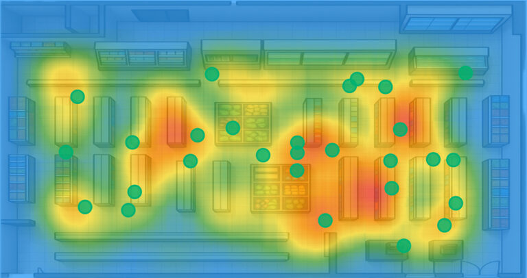 Plan d'un magasin avec une carte thermique des zones chaudes et froides de vols à l'étalage, montrant la répartition des risques.